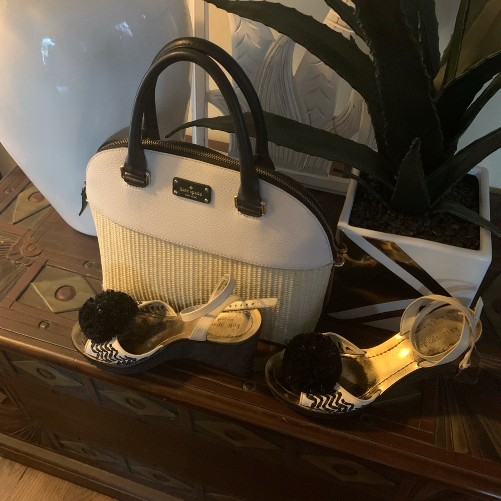 Kate Spade Straw Leather Wedge Sandal Size 8